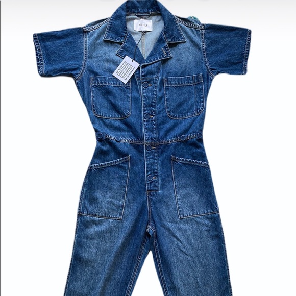 short sleeved denim jumpsuit